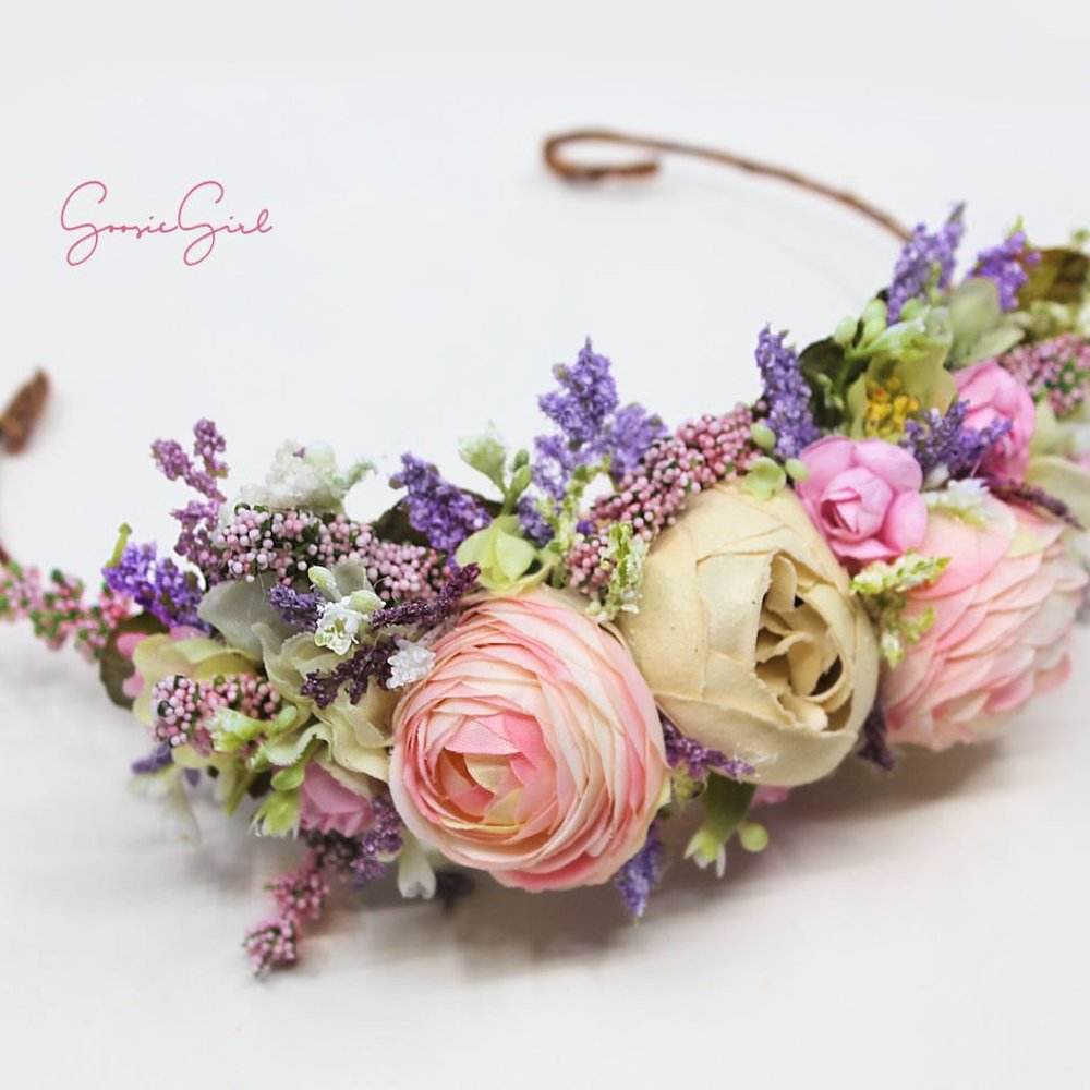 Pink Lavender Halo Flower Crown Tieback Boho Chic